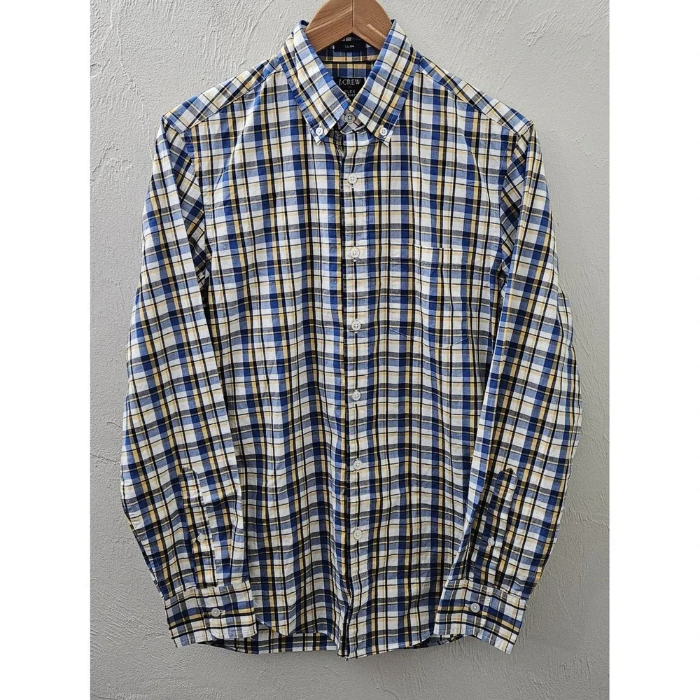 J.Crew‎ Shirt Men's Size Small Blue Yellow Plaid Flex Washed Slim Long Sleeve